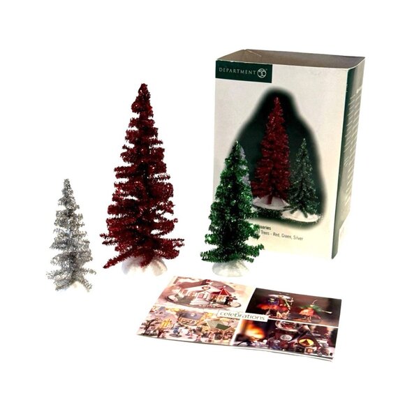 Department 56 Village Accessories Classic Tinsel 3 Trees Box Silver Green Red - Picture 7 of 7